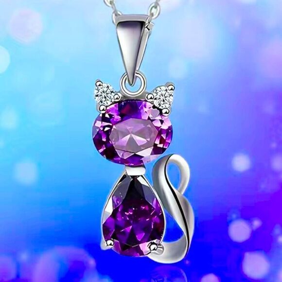 AYK Amethyst Crystal Cat Pendant & 18” Sterling Silver Chain - Picture 9 of 11
